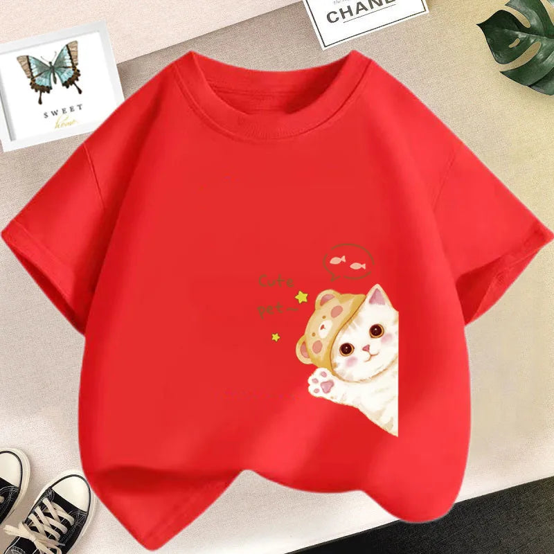 Girls Clothes 2024 Summer Fashion T-Shirt Fun And Cute Cat Kitten Print Short-Sleeved Tops Children Summer Clothes