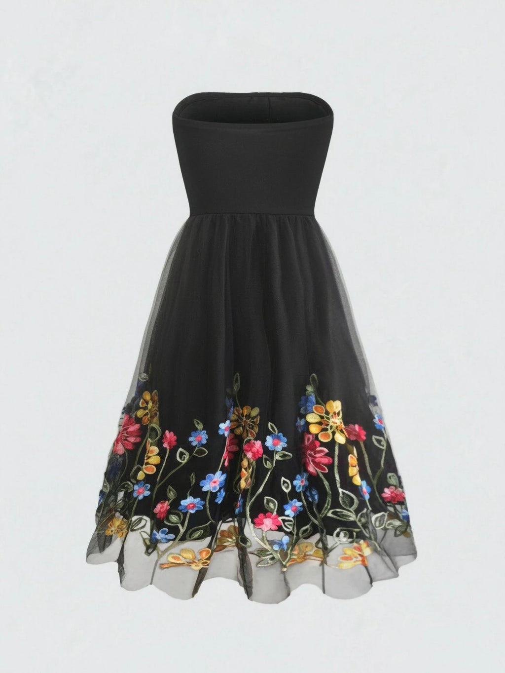 New Elegant Summer Dress for Women Embroidered Mesh Floral Strapless Casual Vintage Party Sleeveless Knee-Length Female Dress
