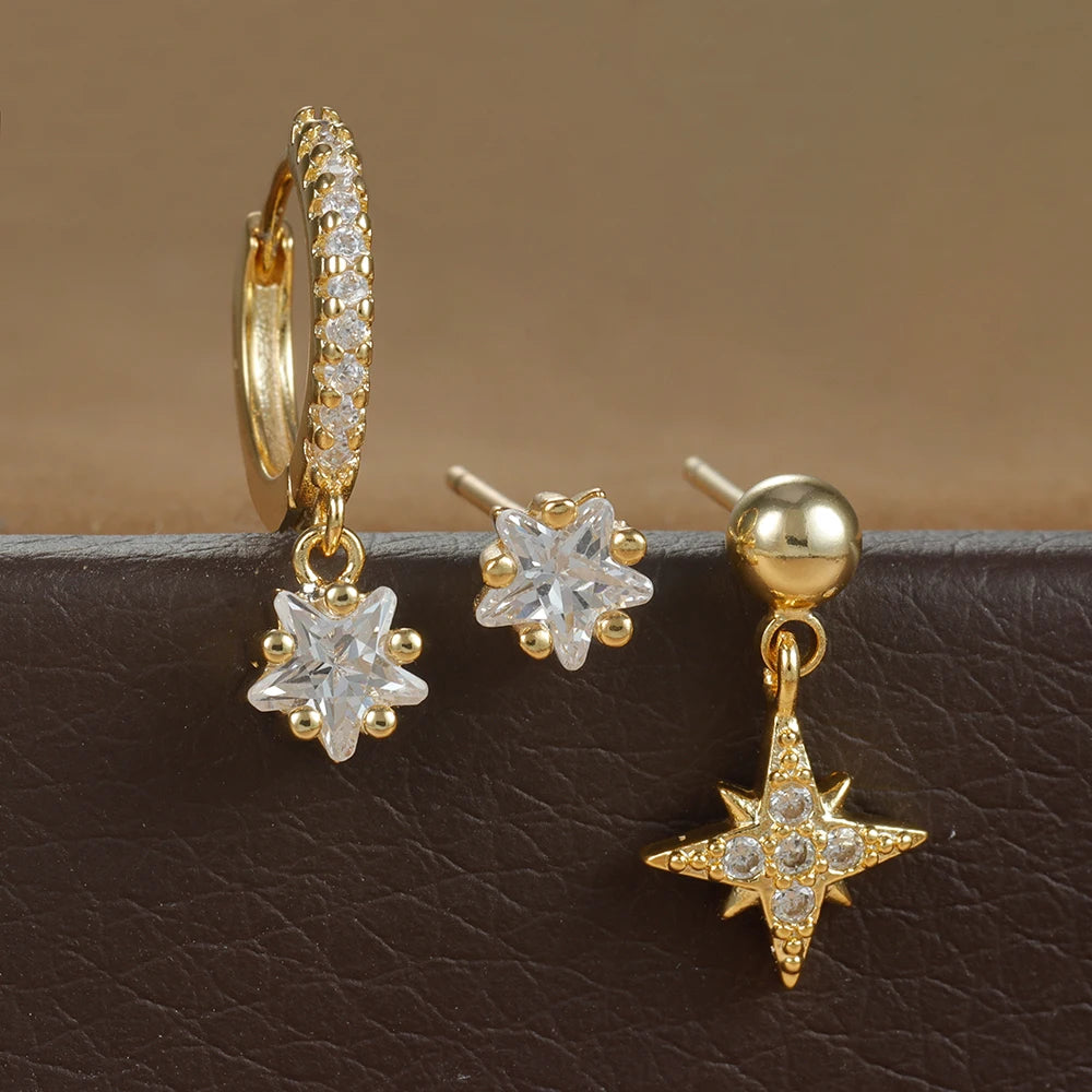 3PCS Gold Color Star Earrings Set for Women Zircon Pendant Stainless Steel Hoop Earring Trend Wedding Jewelry pendientes mujer