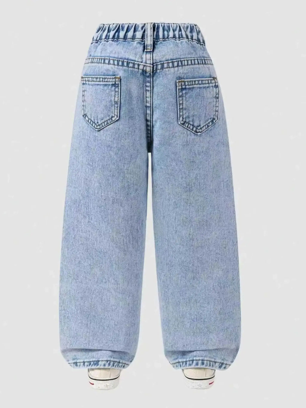 Girls' Floral-Printed Towel-Stitch Denim Jeans Trendy Loose Waist Design Versatile Casual Pants for Kids.Full elastic waistband