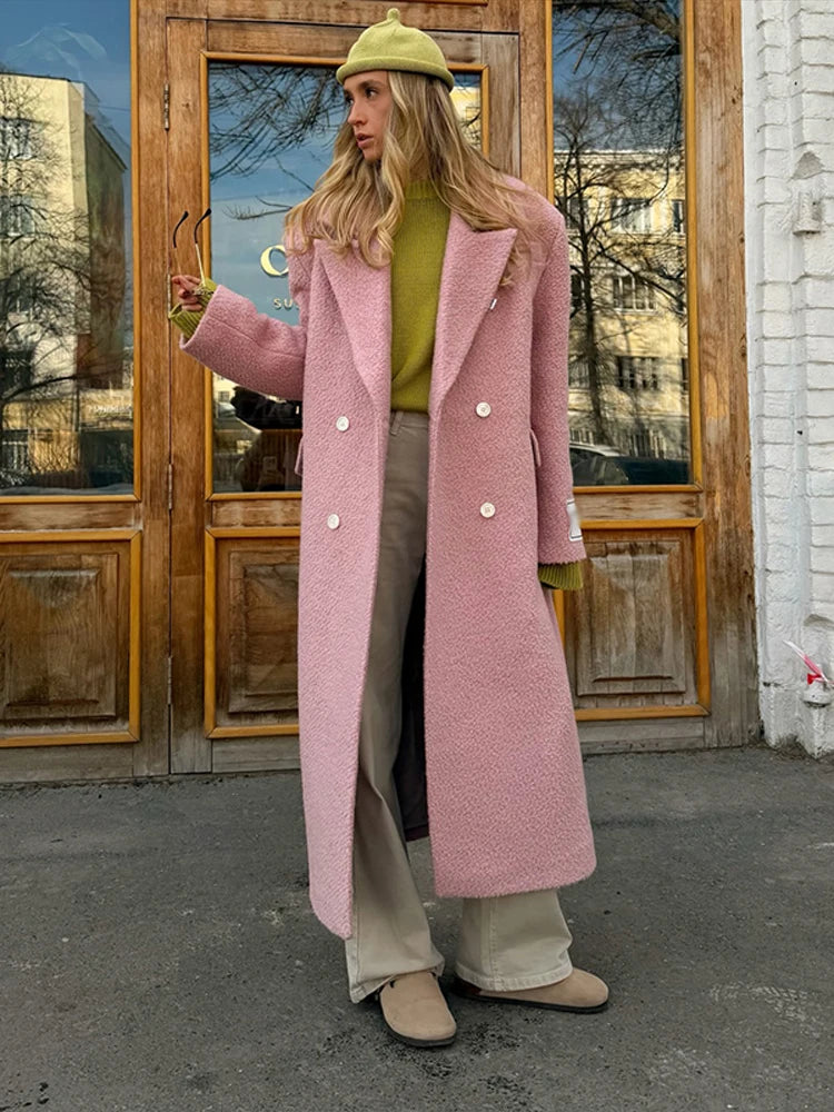  Chic Ladies Woolen Long Overcoat Solid Double-Breasted Lapel Padded Shoulder Loose Coat Women Autumn Winter Street Outerwear