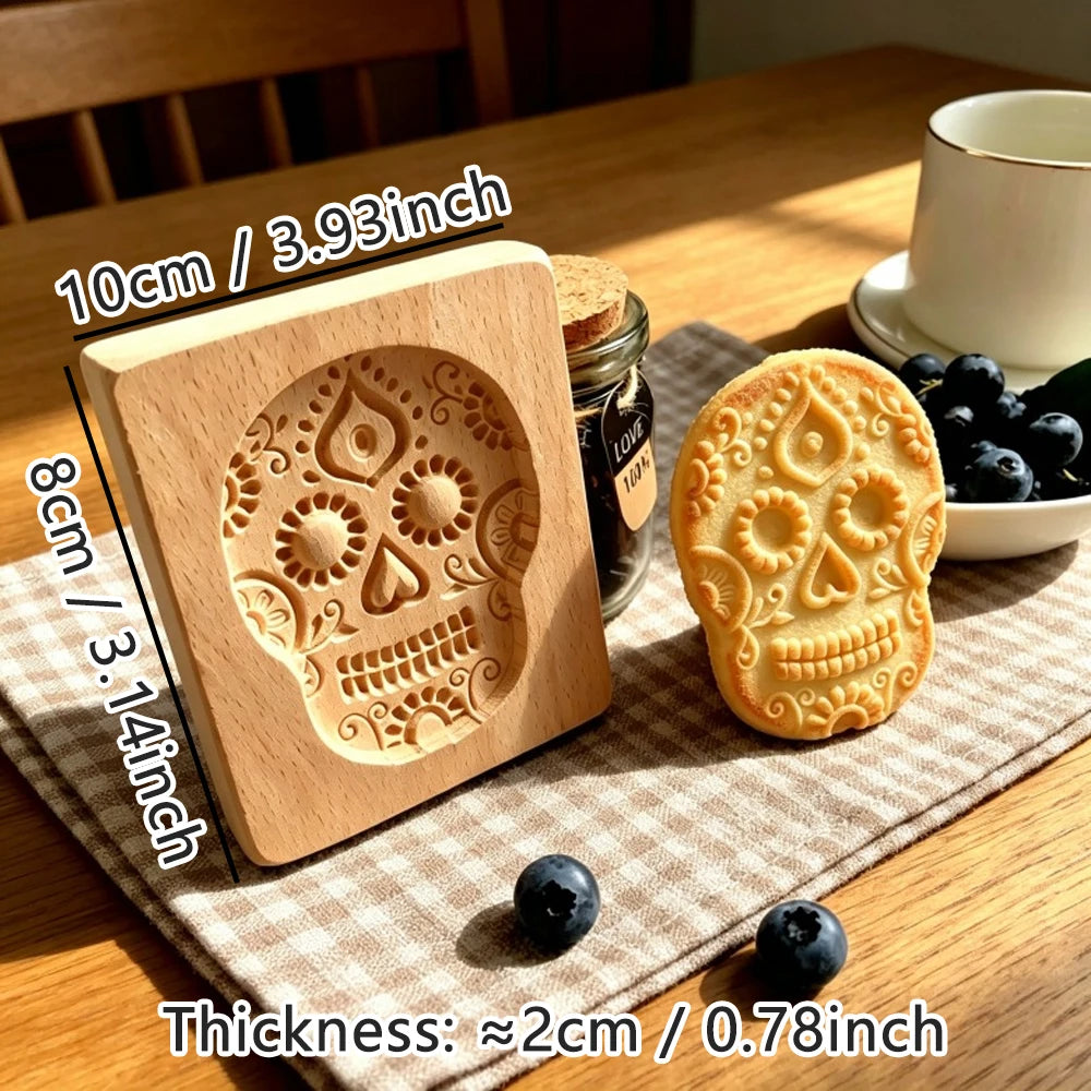 Wooden Cookie Mold Press for Baking, 3D Carved Beechwood Gingerbread Stamp, Halloween Pumpkin Ghost Embossing Cookie Cutter Mold