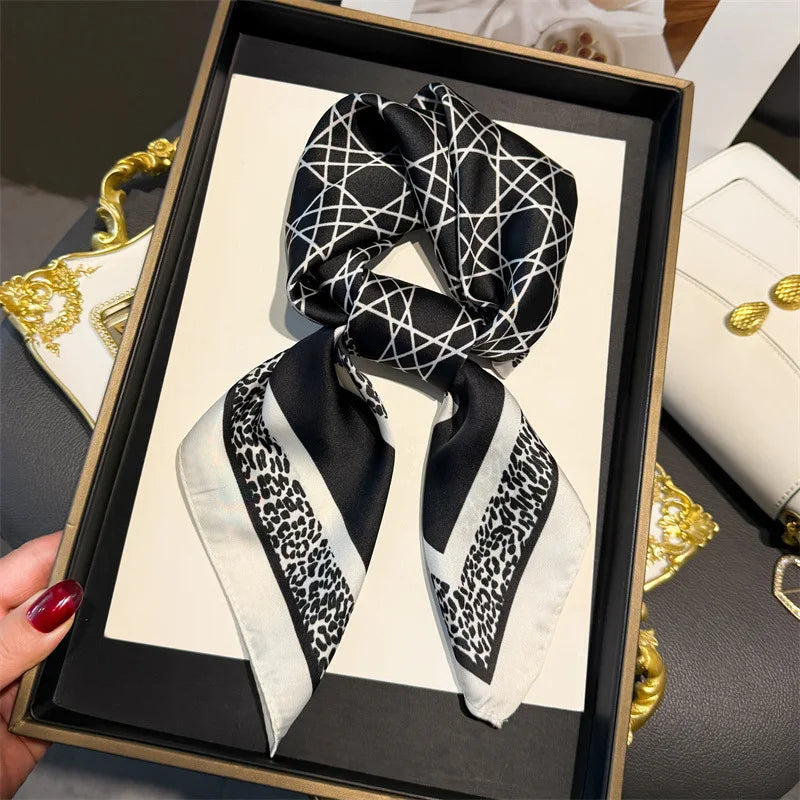 Elegant Geometric Striped Square Scarf for Women Satin Fashion Wraps Neckerchief Female Hair Bands Ribbon Headband Bandana