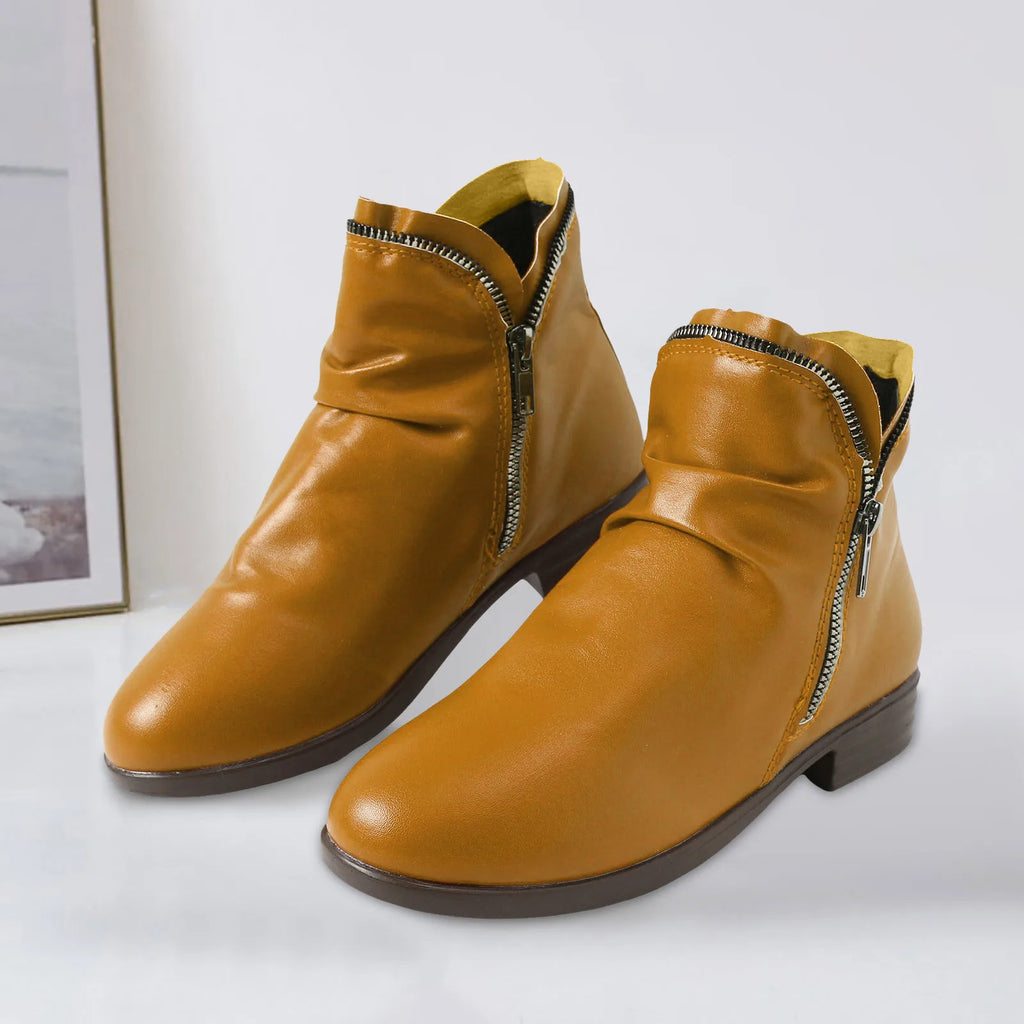 Women Boots Leather Ankle Boots Flat Shoes Autumn Winter Snow Boots Platform Zipper Up Punk Boots Square Heel Ladies Shoes