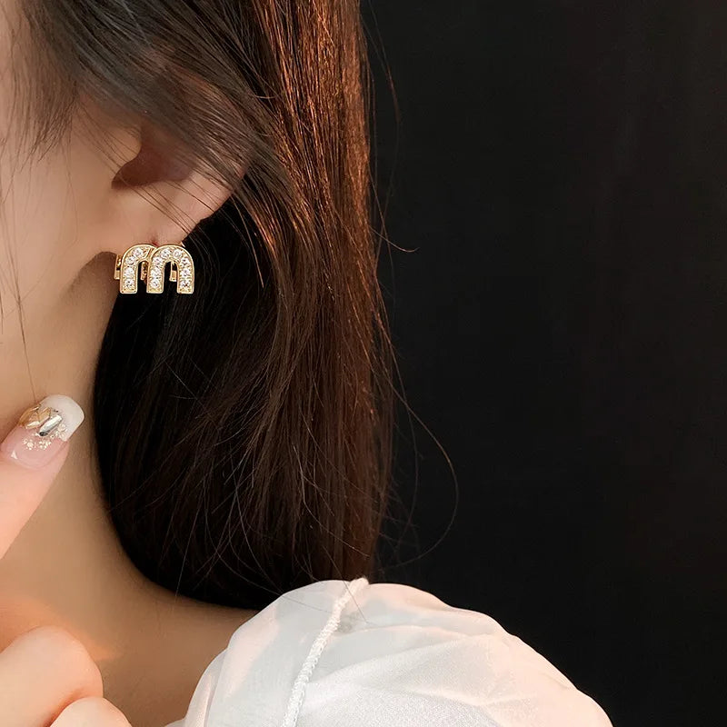 Double-sided Zircon Dripping M Letter Light Luxury High-end Hoop Earrings French Personality DesignTemperament Earring K