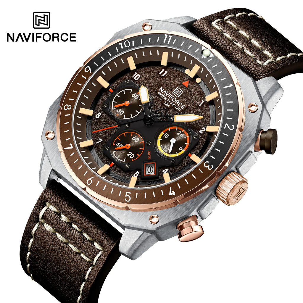 NAVIFORCE Sports Multifunction Waterproof Watches for Men Fashion Leather Luxury Brand Quartz Analog Luminous Square Wrist Watch