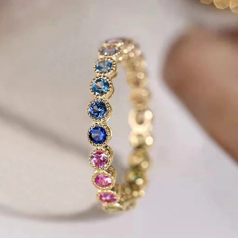 Huitan Colorful Rainbow Cubic Zircon Promise Rings for Women Gold Color Luxury Trendy Wedding Accessories Statement Jewelry