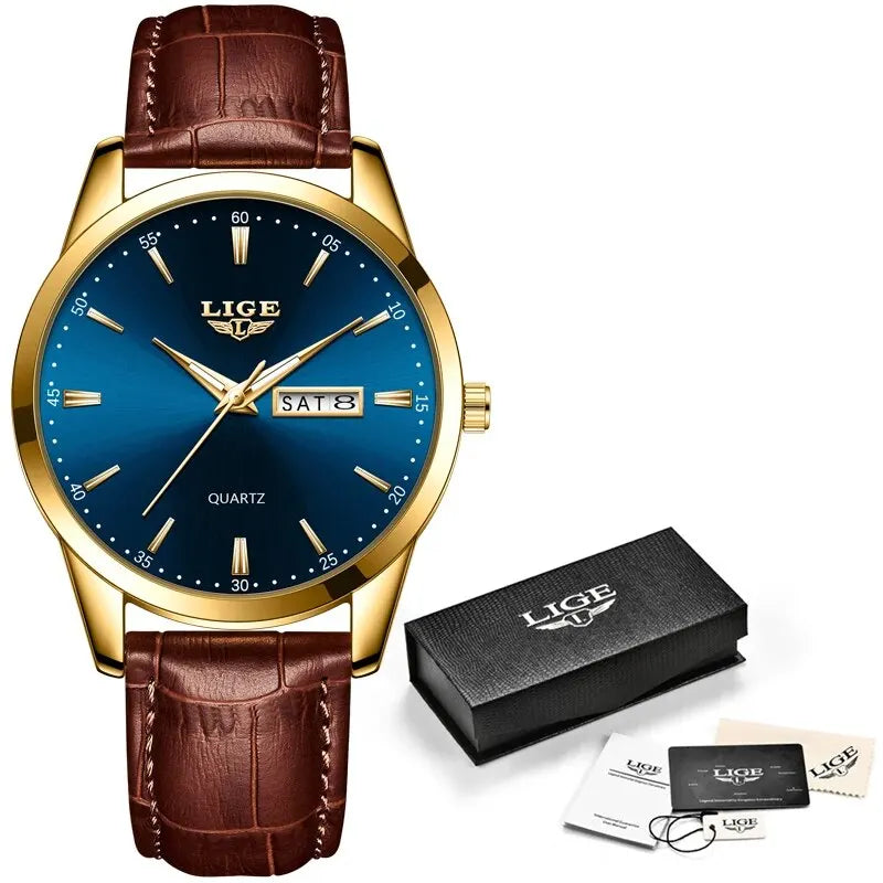 LIGE Fashion Watches Men Top Brand Luxury Quartz Watch Men Leather Strap Waterproof Business Casual Men Wristwatches Clock