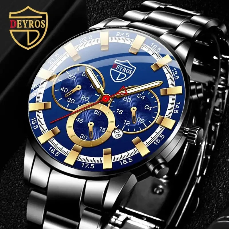 DEYROS 2pcs Luxury Black Quartz Watch & Bracelet For Men Business Fashion Round Calendar Watch Set