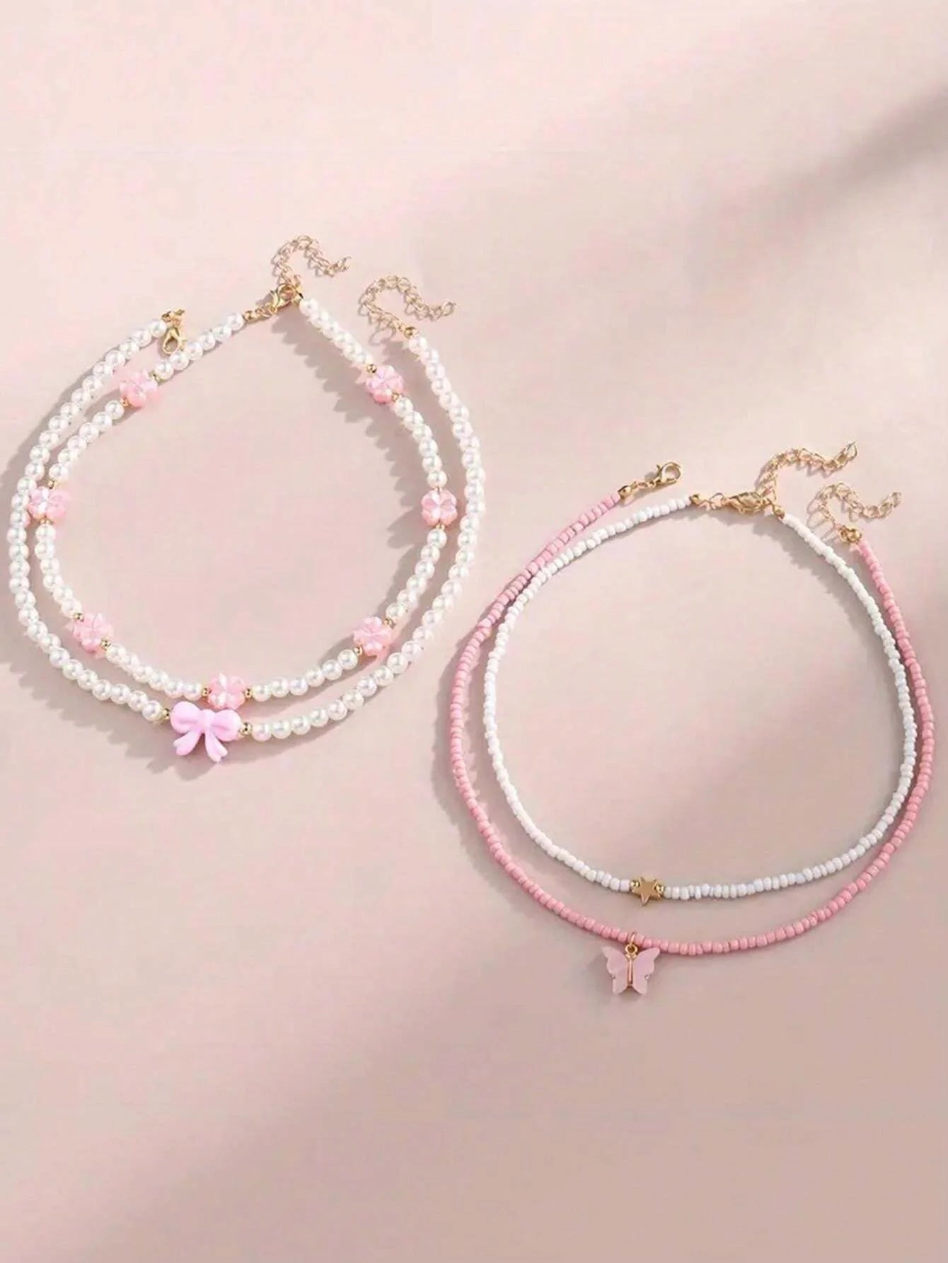 4pcs/Set Girls' Butterfly Heart Flower Pearl & Beaded Handmade Necklace Set Children Teen Friendship Best Gift For Friends