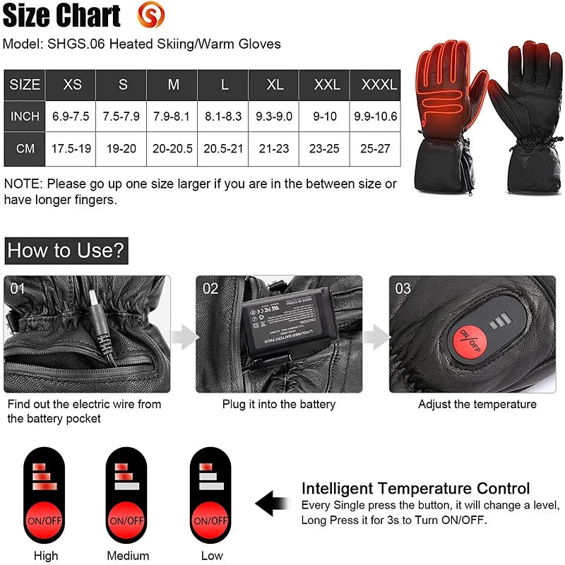 SAVIOR HEAT Electric Heated Leather Gloves Rechargeable Battery Waterproof Heated Gloves for Men Women Cycling Ski Thermal Warm