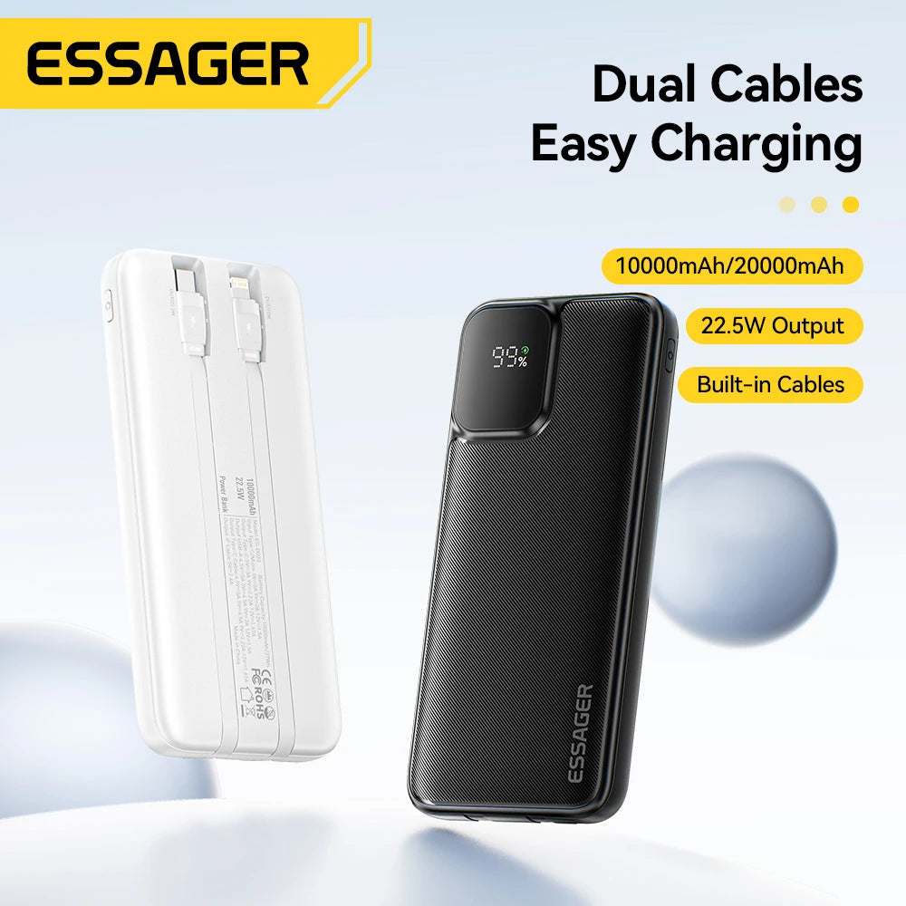 Essager Portable Power Bank 20000mAh with Two Built-in Cables External Battery PD 22.5W Fast Charging For iPhone 18 17 16 Xiaomi