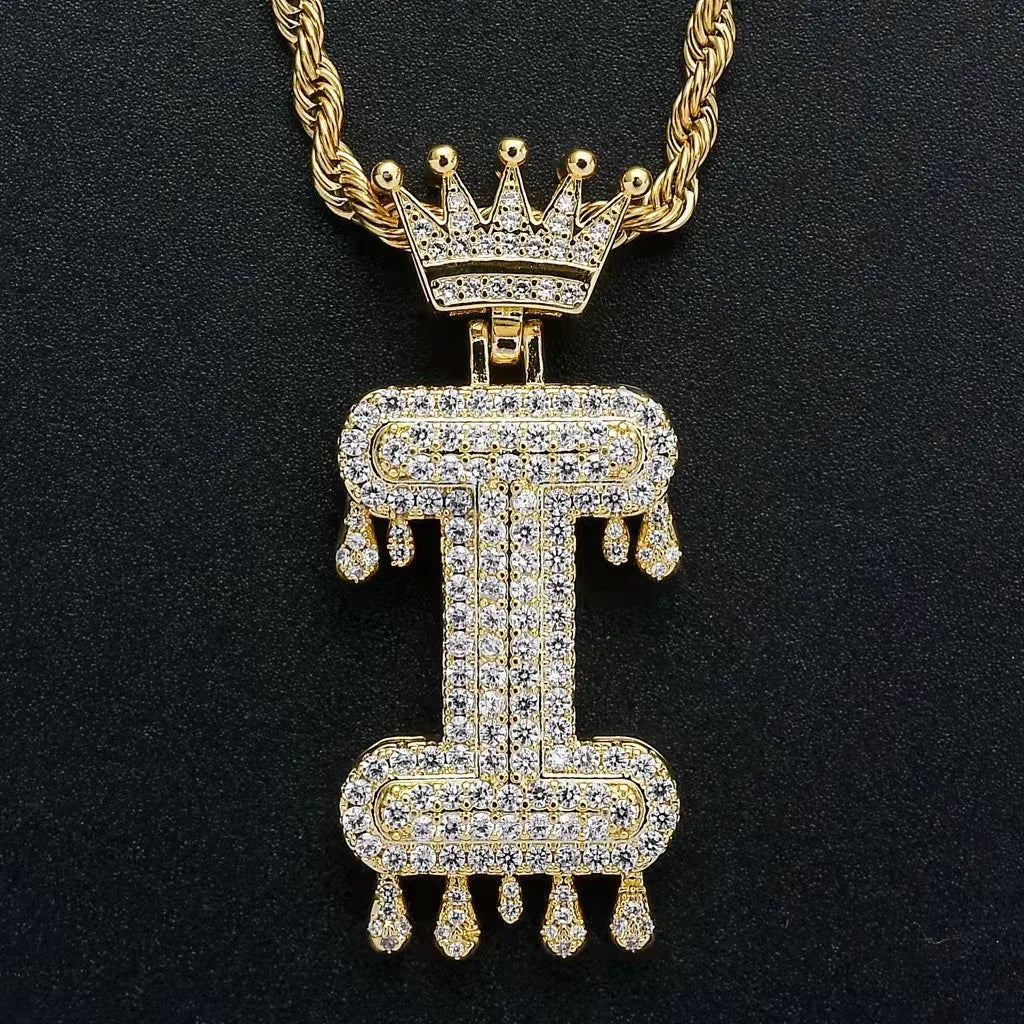 Hip Hop Iced Out Bling Cubic A-Z Drip Crown Zircon Initial Letters Necklaces Pendant Necklace Chain Men Jewelry with Rope Chain
