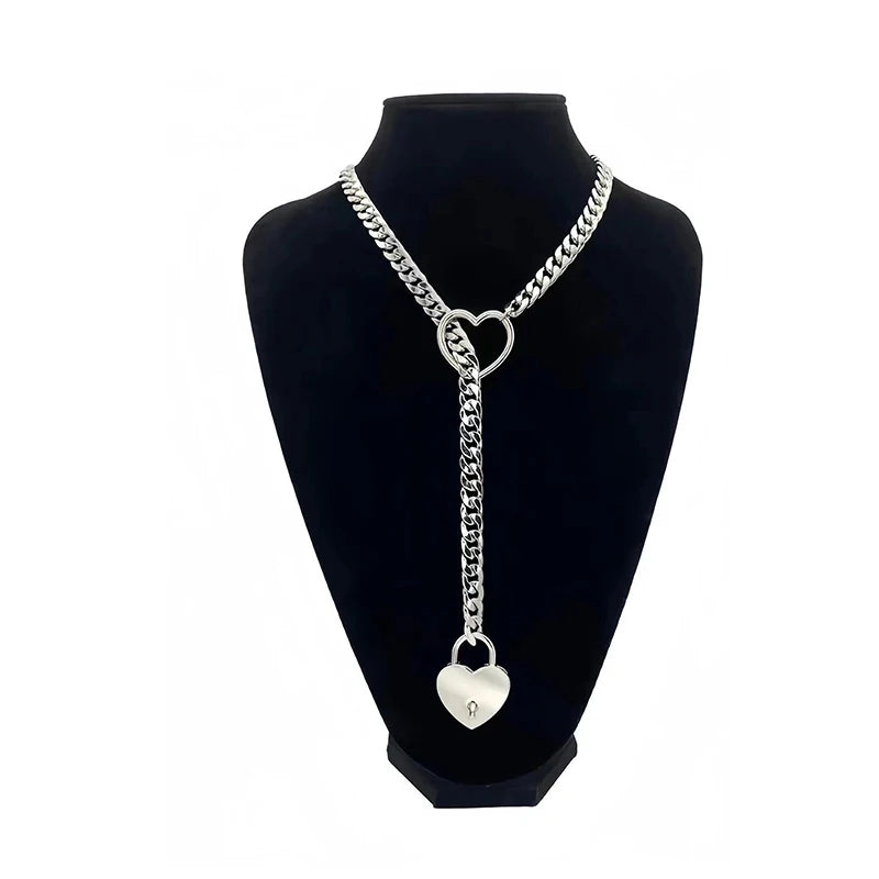 Heart O-ring Slip Chain For Women Punk Rock Necklace Stainless Steel Cuban Long Necklace Trendy Simple Adjustable Y-Necklace
