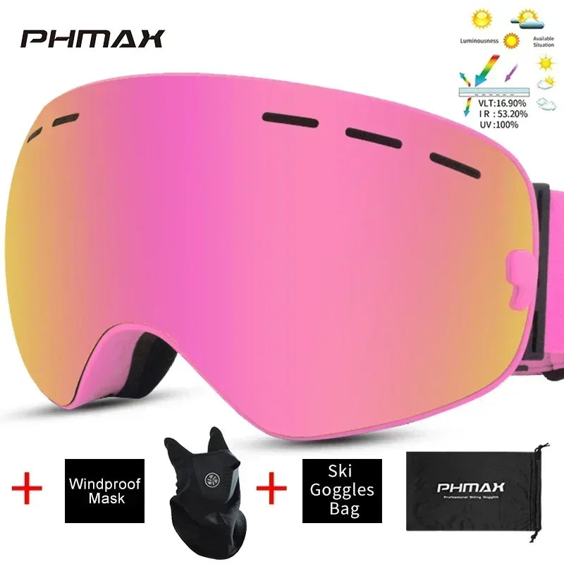 PHMAX Ski/Snowboard Goggles for Men Women, OTG Snow Goggles Anti Fog UV Protection Red Double Layers Lens Wide Vision Winter