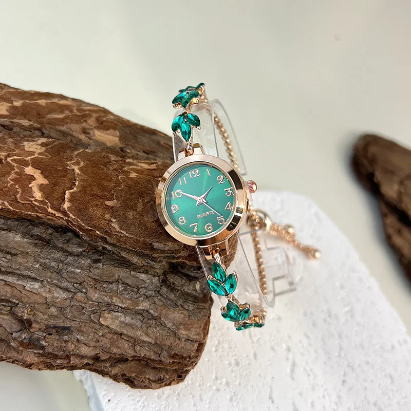 Round Alloy Case Arabic Numeral Classic Dial Leaf-Shaped Diamond-Encrusted Fashionable Bracelet Elegant Ladies Quartz Watch