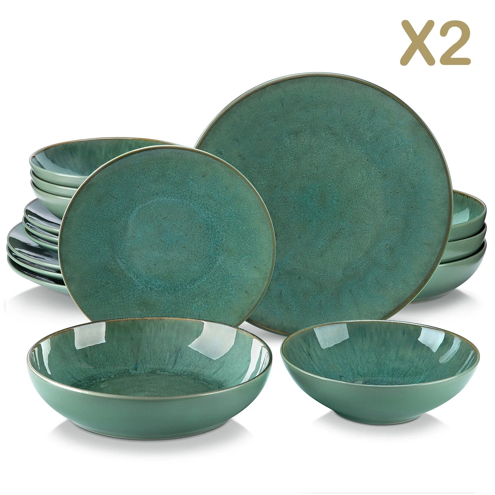 Vancasso KARST 16/32/48 Piece Green Embossed Stoneware Tableware Set with Dinner/Dessert Plate/Soup Bowl/Mug Service for 4/8/12