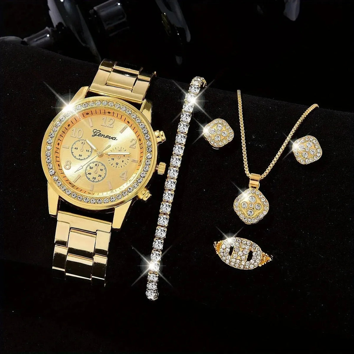 Newest 5 PCS Set Gold Watch Women Luxury Ring Necklace Earrings Rhinestone Fashion Wristwatch Female Casual Watches Bracelet Set