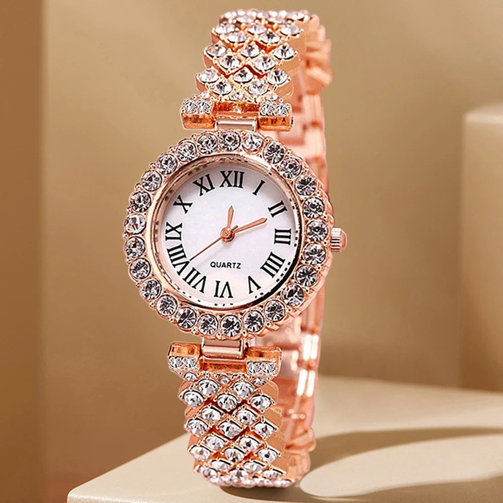 5Pcs/Set Unisex Jewelry Watches Women's Wristwatch Accessories Rose Gold Fashion Business Elegant Trendy Classic Exquisite Retro Light Luxury Rhinestone Luxury Bracelet Watch Set Y2K Suitable for Travel, Vacation, Parties, Da
