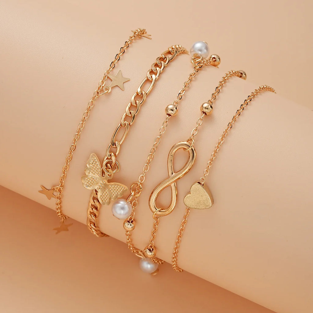 4Pcs Bohemian Butterfly Metal Butterfly Star Heart Pendant Women's Star Heart Pearl Charm Anklet Bracelet Women's Summer Beach Jewelry Accessories