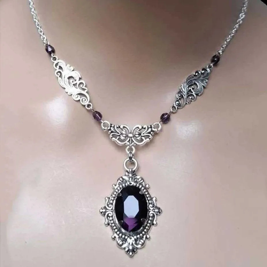 Purple Magic Water Drop Necklace,Gothic Jewelry,Witch Accessory,Pagan, Victorian,Carved,Mystery,Vampire,Choker For Women Girls