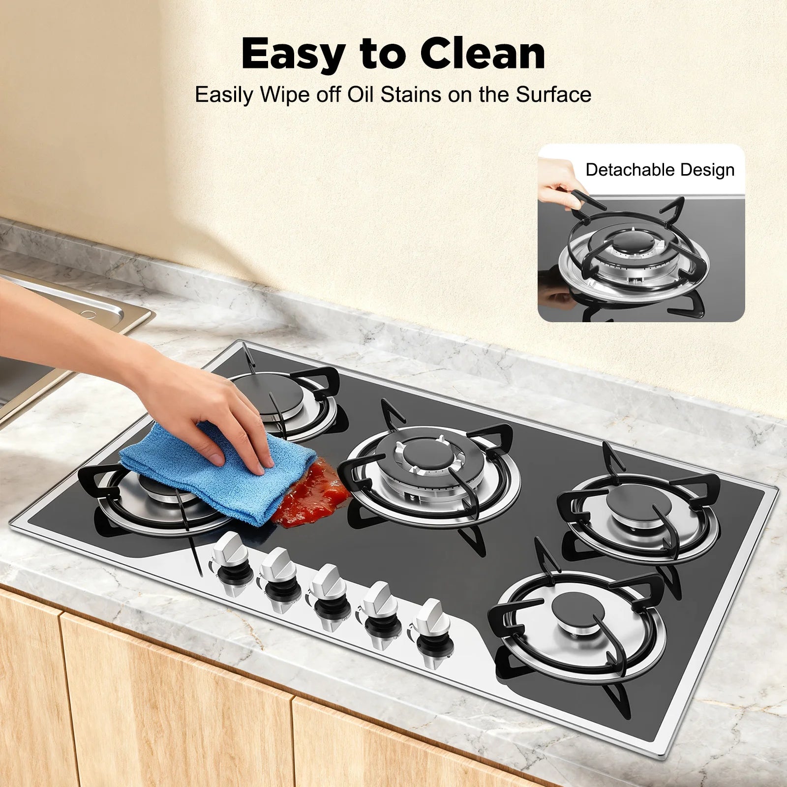 5 Burners Built-in Gas Stove, Dual Fuel NG/LPG Convertible Gas Hob, Oversized Cooking Surface 30.31*20.08” for Home Kitchens, Restaurants