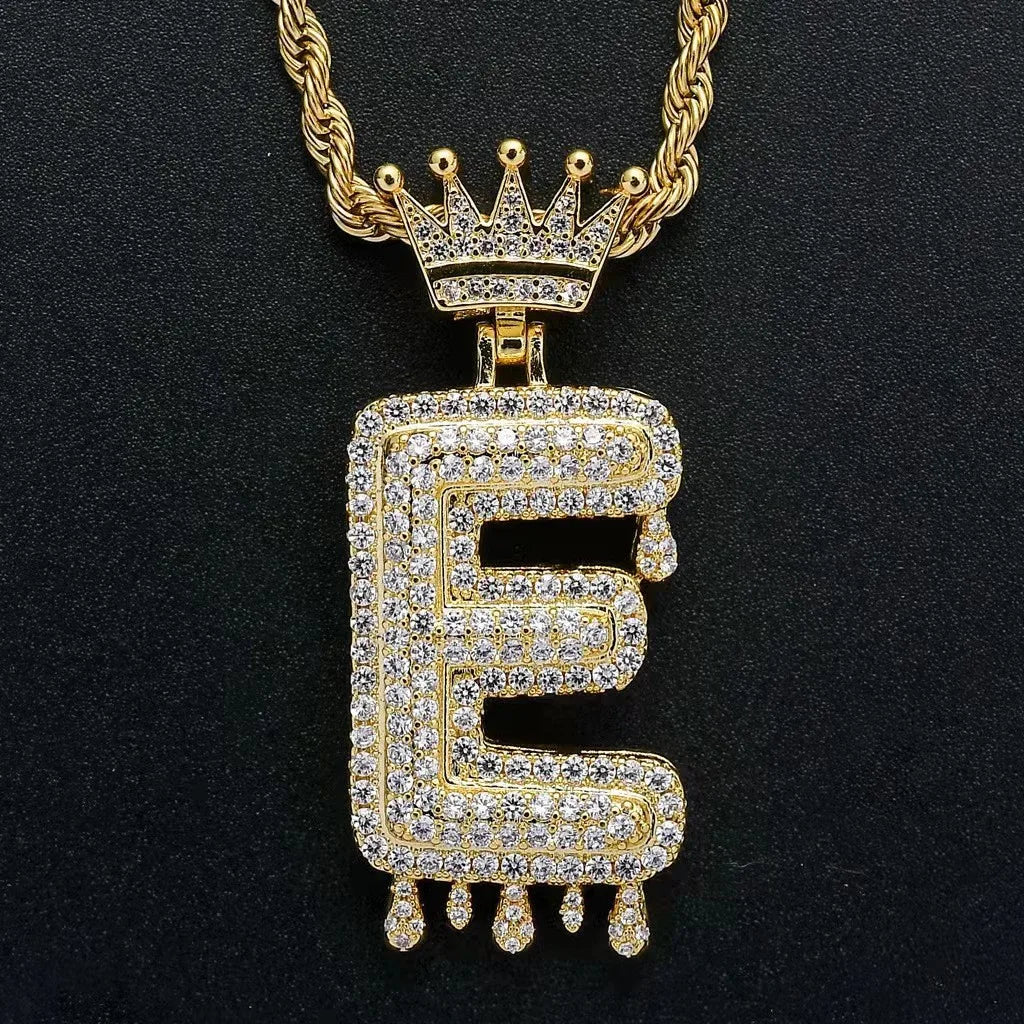 Hip Hop Iced Out Bling Cubic A-Z Drip Crown Zircon Initial Letters Necklaces Pendant Necklace Chain Men Jewelry with Rope Chain
