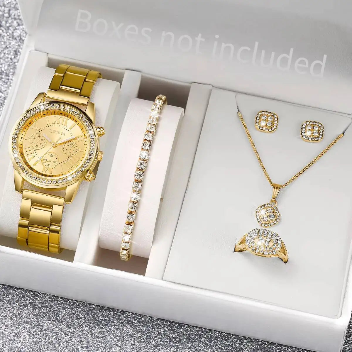 6PCS/Set Fashion Rhinestone Women Watches Ladies Roma Dial Quartz Wristwatches Jewelry Set Reloj Mujer（Without Box）