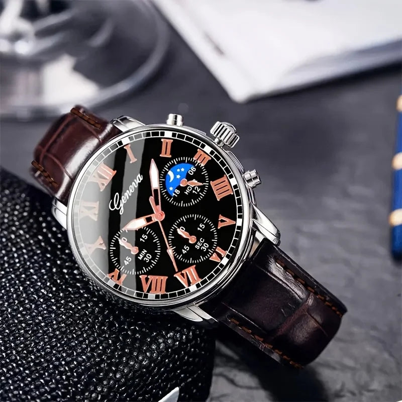 Casual men's quartz watch, fashionable business PU leather watch bracelet combination, suitable for daily use or gift gifts