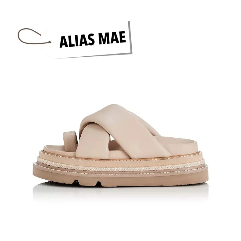 ALIAS MAE 2024 Summer Classic Leather Cross with Round Head Flat Bottom Women's Casual Comfortable Slippers