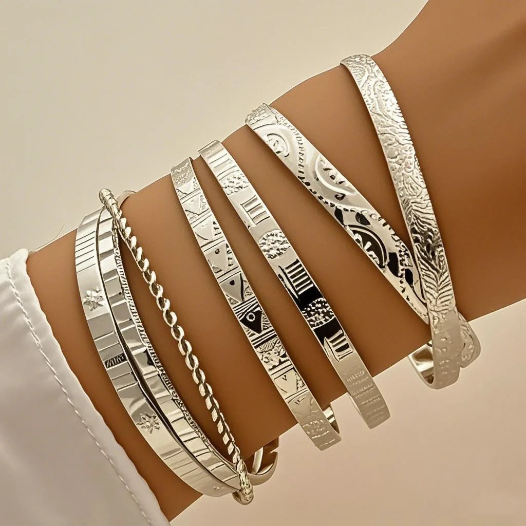 7Pcs Fashion Pattern Metal Cuff Bracelet Set For Women Elegant Gold Silver Color Open Bangle Female Trendy Party Jewelry