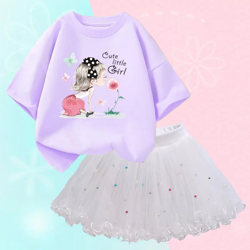 Fashion Summer Girls Outfits Pretty Ballet Dance Girl T-shirt and Tutu Skirt Set for Princess Clothes Suit Children Clothing