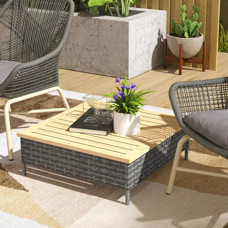 Outdoor Side Table with PE Rattan, Patio End Table with Natural Fir Wood Top, Weather Resistant Accent Table for Patio Pool P