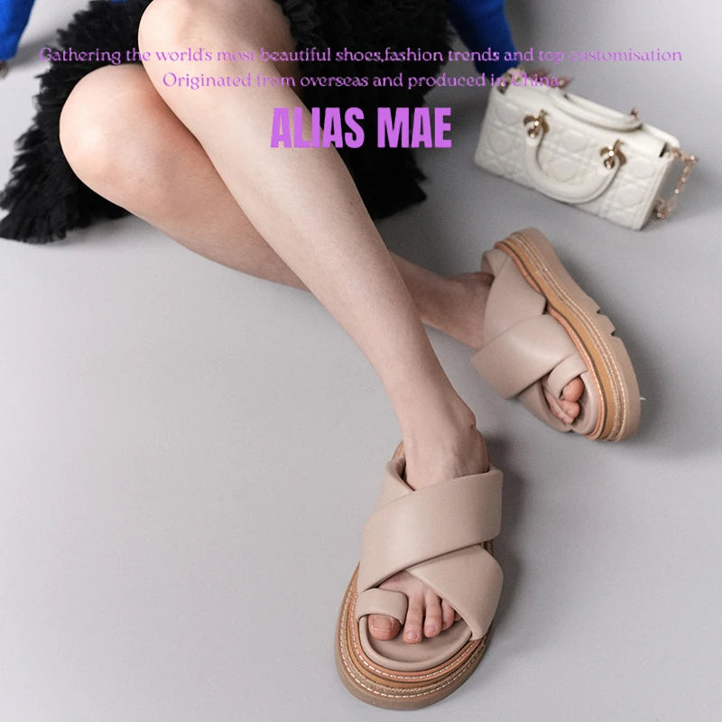 ALIAS MAE 2024 Summer Classic Leather Cross with Round Head Flat Bottom Women's Casual Comfortable Slippers
