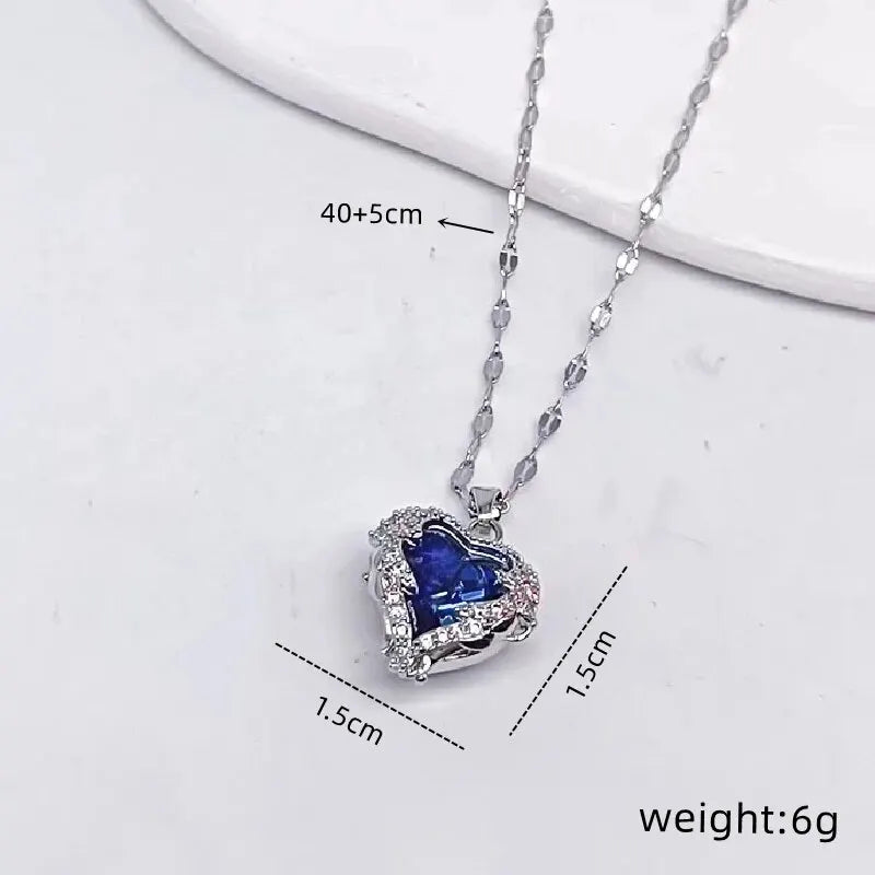 1 Pcs Romantic Couple Glass Encrusted Bronze Zircon Ocean Heart Pendant Combination Of Titanium Steel Chain
