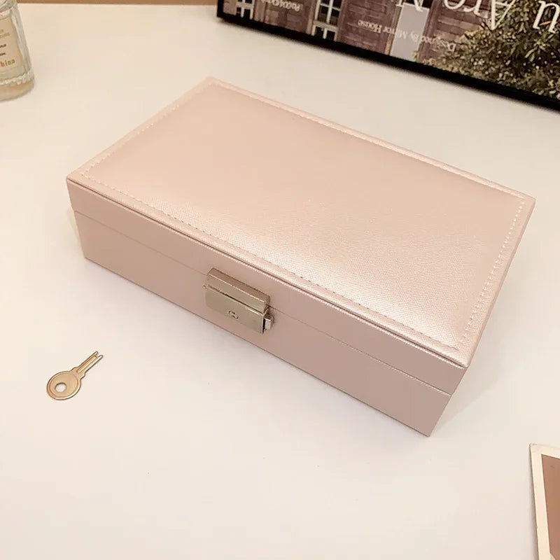 Large Square Jewelry Box Solid Color Leather Lock Boxes Earrings Necklace Bracelet Storage Display Boxes Travel Portable N