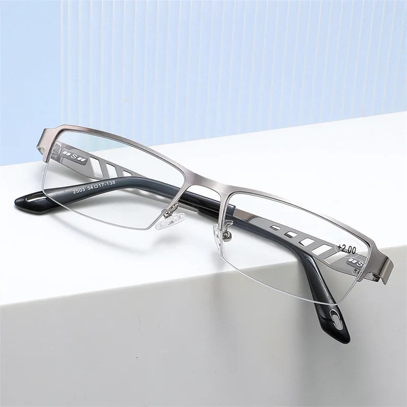 Adjustment Photochromic Multifocal Reading Glasses Men Progressive Anti-Blue Ray Business Spectacles Half-Frame Eyewear 1.0-3.5