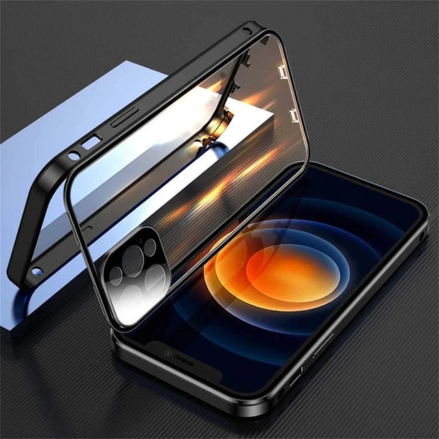 360° Metal Magnetic Double Sided Glass Cover With Lens Protection For IPhone16 14 15 Pro Max For IPhone13 12 11 Double Lock Case
