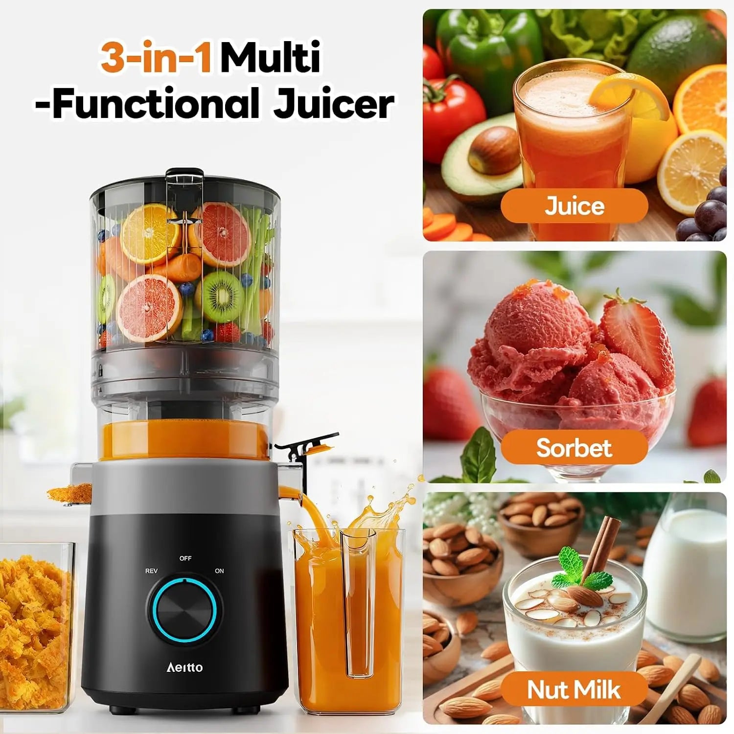 3-in-1 Cold Press Juicer for Juice, Nut Milk & Sorbet – Filter-Free, 6.0" Extra Large Chute, High Yield, Easy Clean