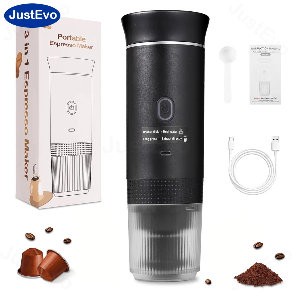 JustEvo Portable Espresso Machine 3-In-1 Travel Coffee Maker Compatible With Small Large Capsules And Ground Coffee Compact Electric Brewer For Car RV Camping Office Outdoor Your Mobile Coffee Shop