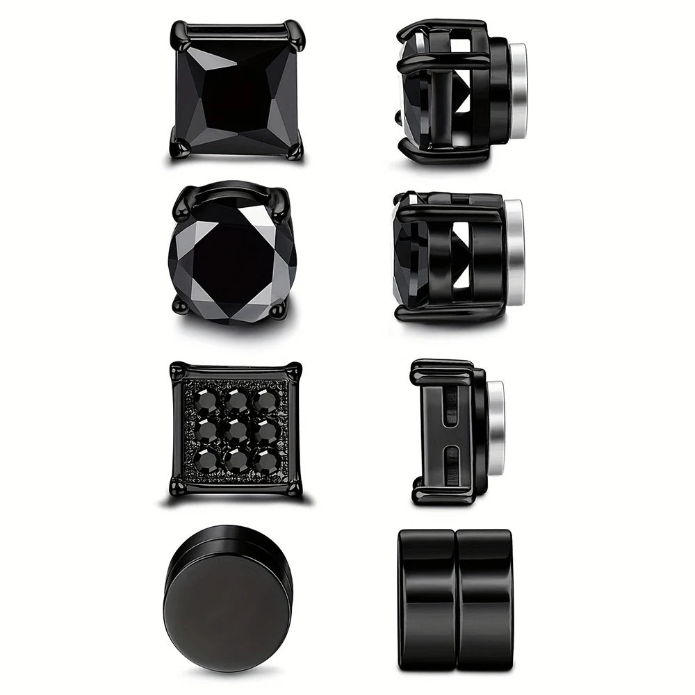 4 Pairs Stainless Steel Magnetic Stud Earrings, Fashion Cubic Zirconia Magnetic Non-piercing Ear Clip For Men