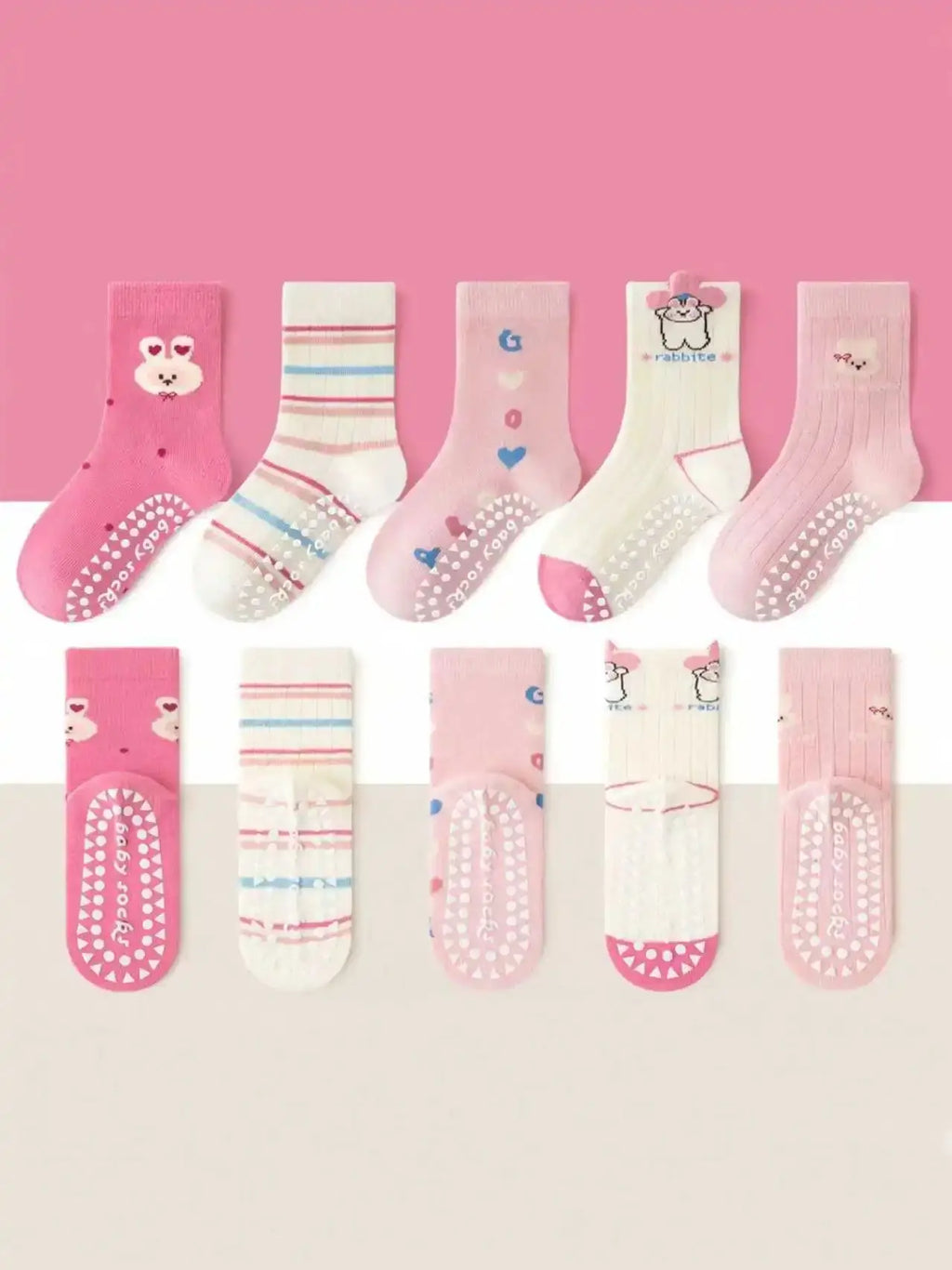 5-Pack Children's Floor Socks with 3D Bunny and Floral Patterns, Anti-Slip Dots, Soft Sole for Girls, Babies, and Toddlers, Indoor Non-Slip Striped Letter Socks, Suitable for Casual Daily Life