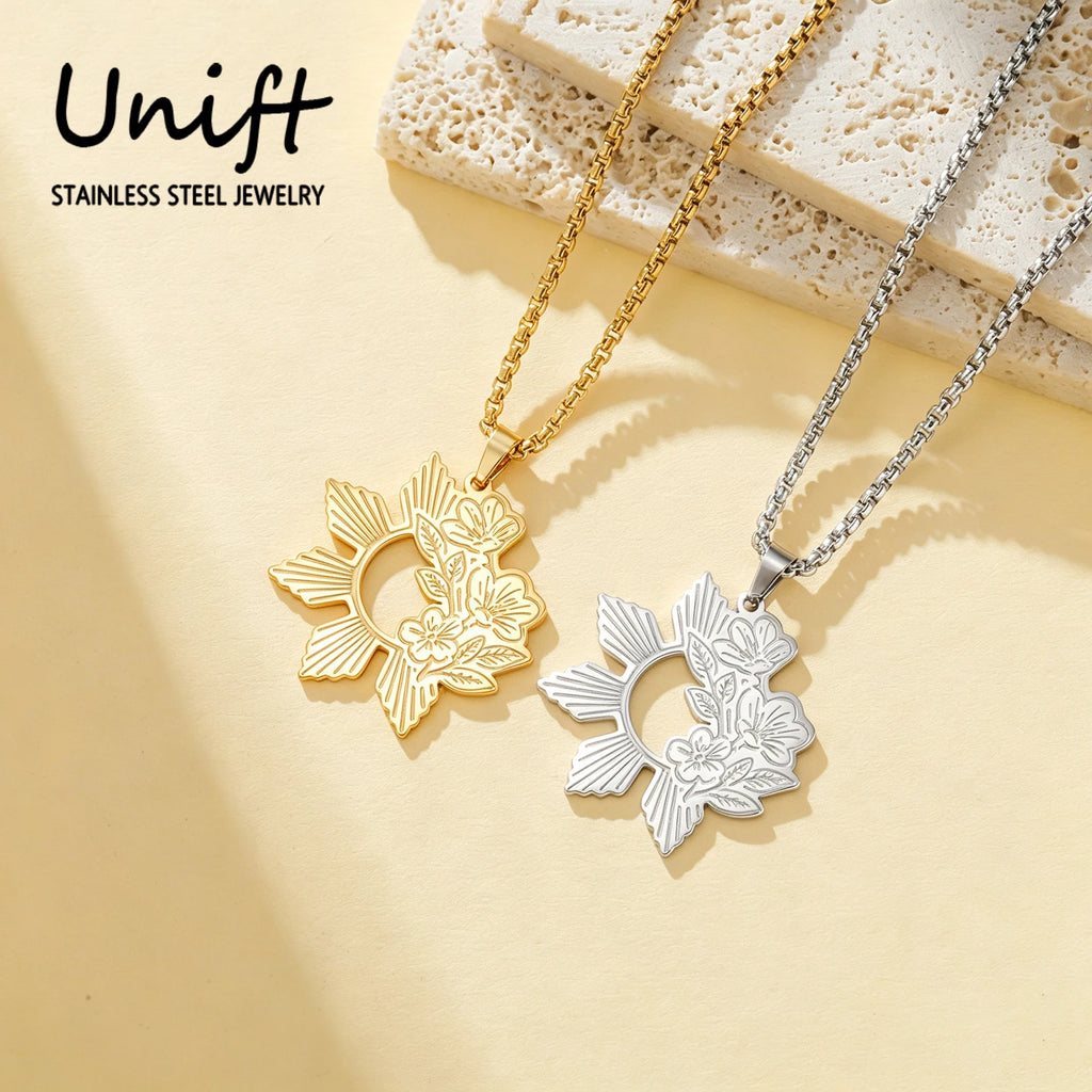 Unift Philippine Sun and Sampaguita Flower Necklace Stainless Steel Choker for Women Men National Symbol Sampaguita Jewelry Gift