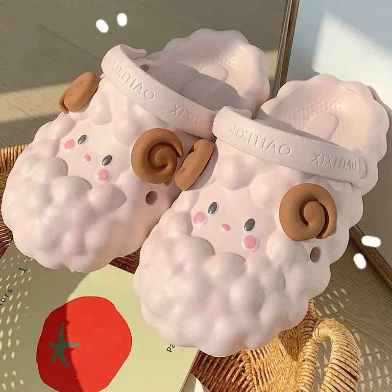 Mo Dou Women's Home Slippers Soft EVA Sandals Non-slip Toe-wrapped Lovely Cartoon Sheep for Men Cozy Parent-child Breathable
