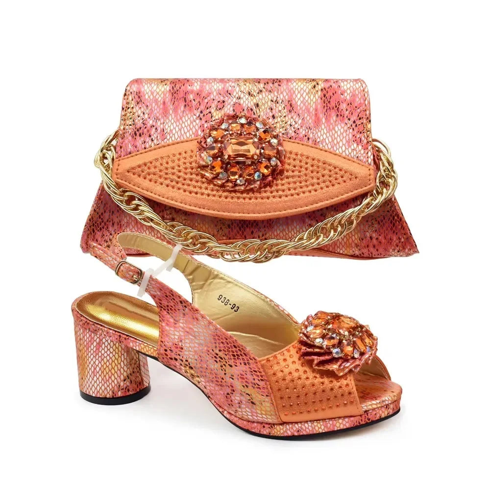 Italian Shoes and Bags Matching Set Decorated with Rhinestone Nigerian Heel Party for Women African Wedding Shoes with Bag
