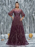 Mgiacy Round-neck semi-transparent sequined balloon sleeves long dress with wide skirt