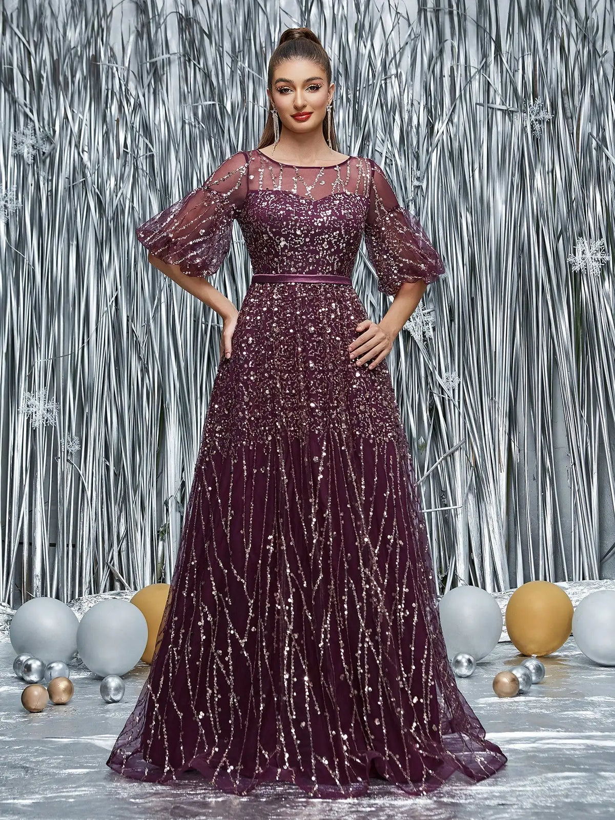 Mgiacy Round-neck semi-transparent sequined balloon sleeves long dress with wide skirt