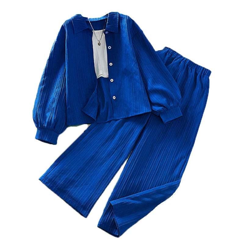 Girls Sets 4-16 Years Shirt Long-Sleeved Coat + Loose Casual Long Pants For Girls Korean Style Suits Summer Fashion Clothes Sets