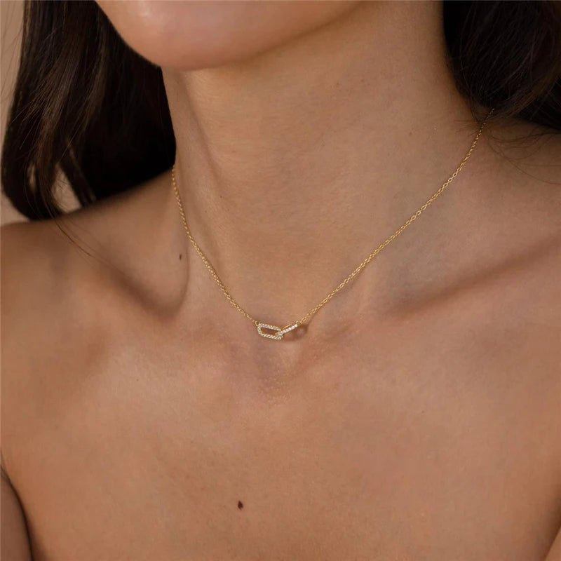 New 925 Sterling Silver Shiny Rectangle Double Zircon Circle CZ Zirconia Necklaces Pendants Gift For Girl Choker NK232