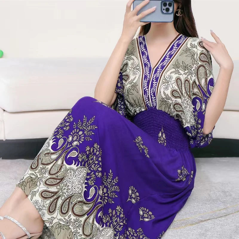 2025 Summer New Casual Elegant Retro Bohemian Style V-neck Elastic Waist Large Swing Printed Long Skirt Autumn Summer Dress